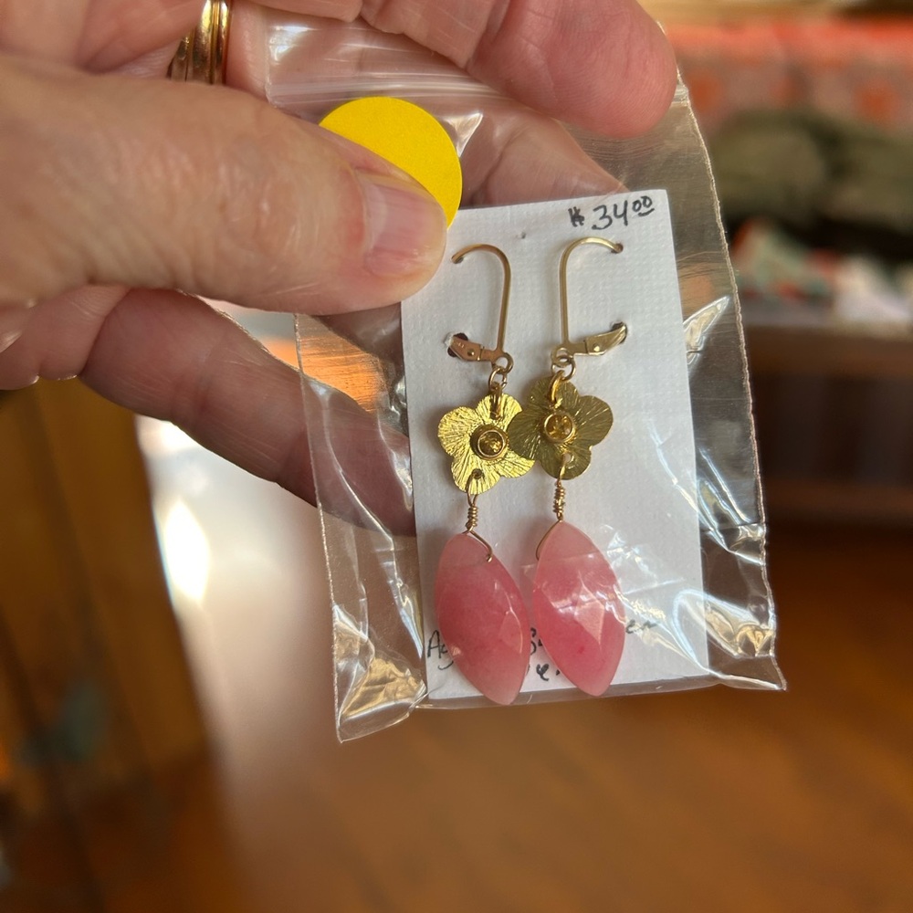 Pink agate gold over silver earrings